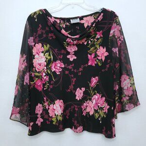 R&M Richards Women's Y2K Fairy Grunge Top Dark Floral Sheer Chiffon Size 16WP